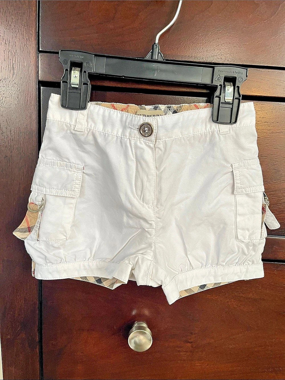 Burberry Kids Check Trim Cotton Cargo Shorts White & Beige Girls 3T